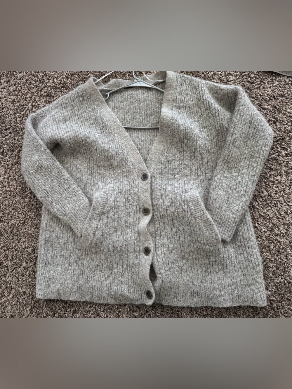 Free People Light Grey Ribbed V-Neck Button Cardigan